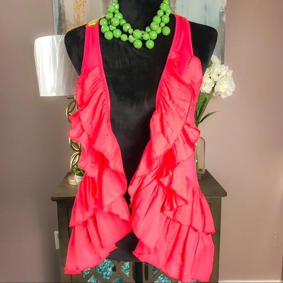 Lulumari Open Front Ruffled Crochet Back Vest - Picture 2 of 5